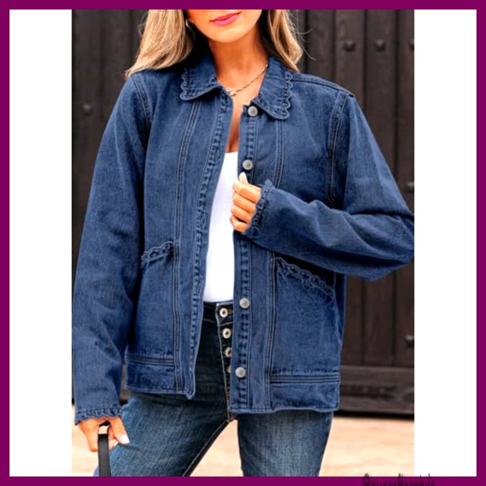 Oversized Denim Shacket, Ruffled Button Down, Cot… - image 4